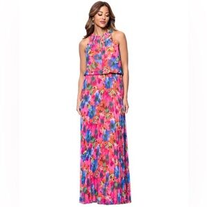 XSCAPE (B14) Women's Floral Chiffon Pleated Halter Gown - Orange Multi size 6